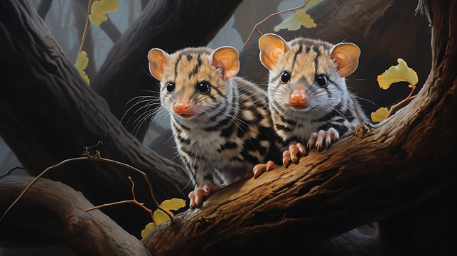 Spotted-tailed quolls in tree branches.