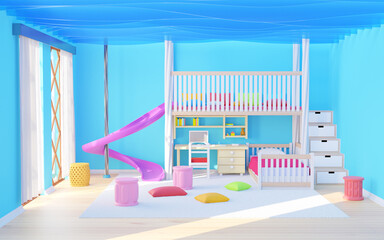 children room with bed and school table play slide