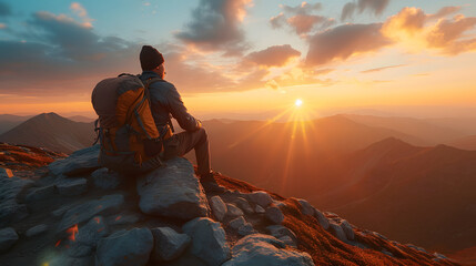 Obraz premium A man with a backpack sits on a mountain peak and watches the sun rise above the clouds.