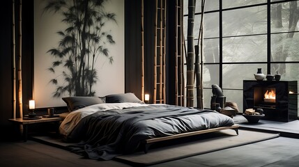 A zen-inspired bedroom with a platform bed, Japanese-inspired decor, and a bamboo divider
