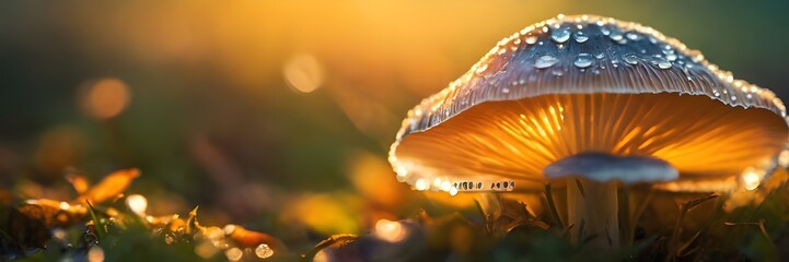 Light brown mushroom with a sunrise in the background, dew drops on the cap, sunlight and grass.