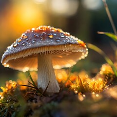 Fototapeta premium orange brown mushroom with a sunrise in the background, dew drops on the cap, sunlight and grass.