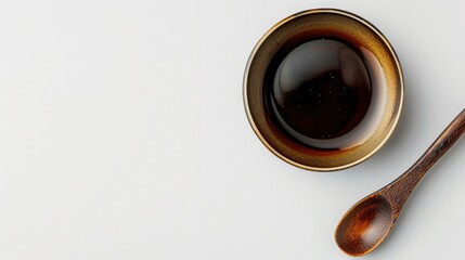 A small dish with molasses on a white background.