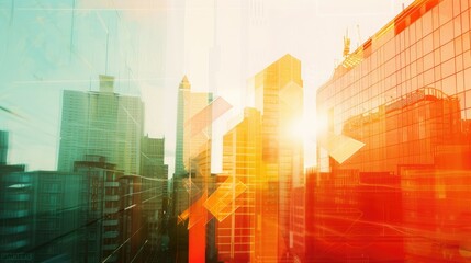 Obraz premium Abstract city with upward arrows and daylight. Double exposure. Finance concept