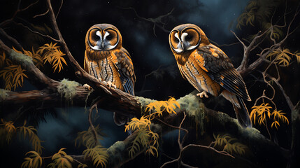 Tasmanian masked owls in the night. - obrazy, fototapety, plakaty