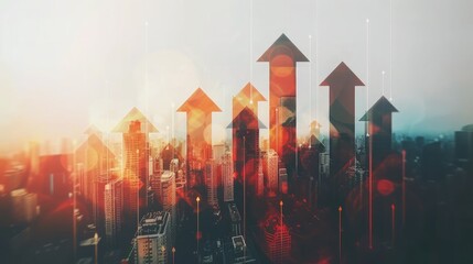 Abstract city with upward arrows and daylight. Double exposure. Finance concept - obrazy, fototapety, plakaty