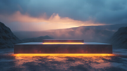 A premium concrete circular platform podium with stairs on a dark foggy mountain.