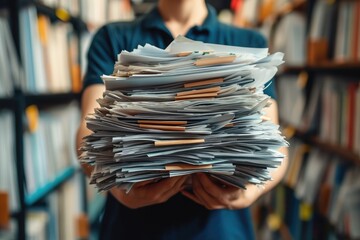 A businessman balancing a stack of paper documents. - obrazy, fototapety, plakaty