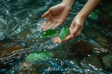 Natural scenery serves as a backdrop to hands adorned with water splashes.