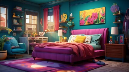 A vibrant, eclectic bedroom with hidden storage units, blending bold colors like teal, magenta, and mustard yellow