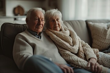 Tender and intimate portrait of elderly couple sharing moment of togetherness as sit side by side on sofa in comfort of home aged faces marked by time reflect deep bond forged through years of love