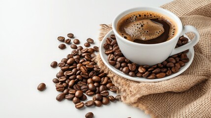 Obraz premium Coffee cup and beans on a white background.