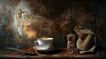 Gordijnen Cup of coffee, bag and scoop on old rusty background © buraratn