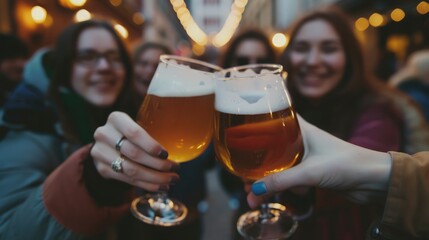 Group of friends enjoying a beer in brewery pub - Young people hands cheering at bar restaurant - Friendship and youth concept - Warm vintage filter - Main focus on bottom hand