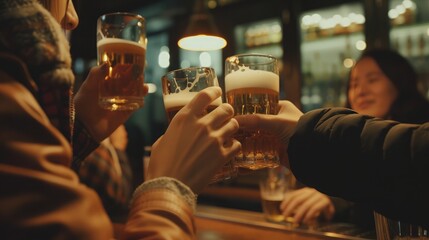 Group of friends enjoying a beer in brewery pub - Young people hands cheering at bar restaurant -...