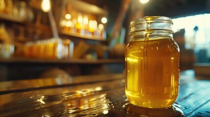 Honey drip in jar on the table - obrazy, fototapety, plakaty