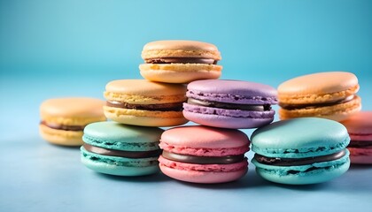 Obraz na płótnie Canvas colorful chocolate macarons on pastel blue background