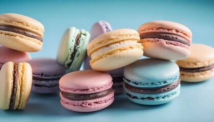 colorful macarons on pastel blue background