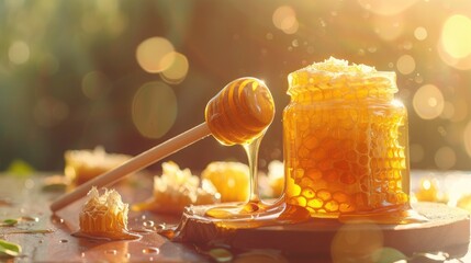 Honey in jar with honeycomb and wooden drizzler - obrazy, fototapety, plakaty