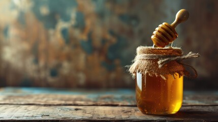 Honey in jar with honey dipper on vintage wooden background - obrazy, fototapety, plakaty