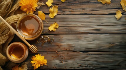 Honey with wooden honey dipper on wooden table - obrazy, fototapety, plakaty