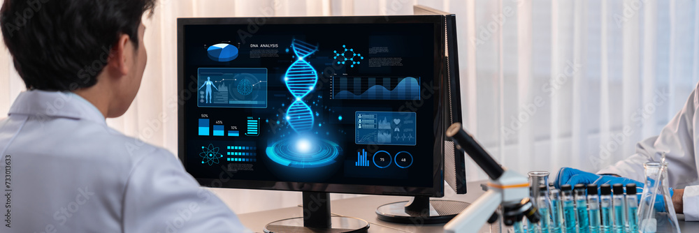Poster dedicated scientist group working on advance biotechnology computer software to study or analyze dna