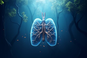 a blue human lungs with branches and leaves