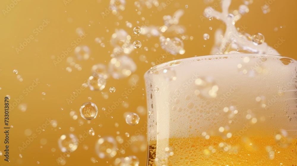 Poster pouring beer with bubble froth in glass for background on front view wave curve shape texture foam ,