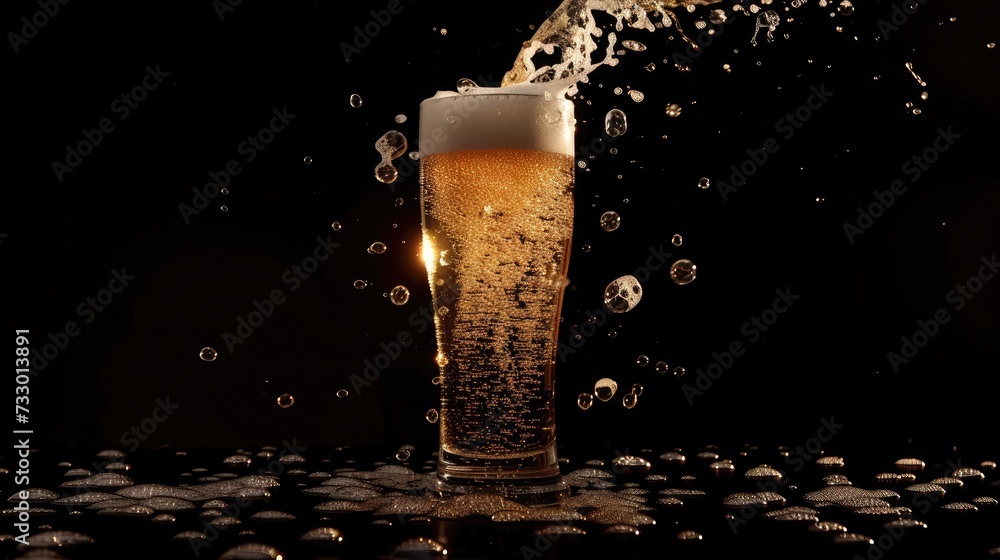 Aufkleber pouring beer with bubble froth in glass for background on front view wave curve shape texture foam ,