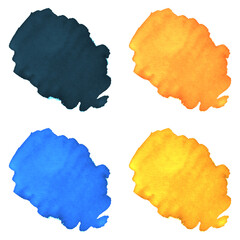 A set of four watercolor strokes. Watercolor in blue and yellow.