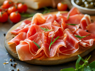 A wooden cutting board with sliced prosciutto, fresh basil leaves, and tomatoes on the side.