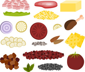 PNG icon of cuisine ingredients including ham, meat, cheese, butter, onion, lettuce, lemon, tomatoes, almond, pepper, tomatoes, and mint.