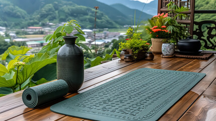 An image of a yoga mat with a serene landscape in the background