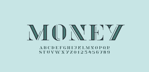 Retro alphabet serif decorative striped font, lettering for logo and brand name, letters A-Z and numerals 0-9