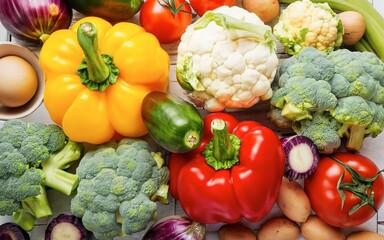 Fresh vegetables on a white background. Top view, flat lay