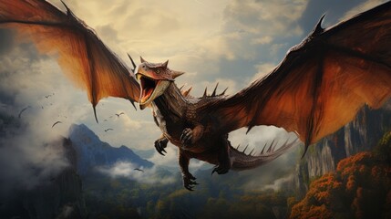 Screeching prehistoric Dinosaur bird flying through the air. Concept art of an ancient bird flying through. Creepy old pterodactyl hunting in the woods. 3D render of a dragon attacking in the clouds. - obrazy, fototapety, plakaty