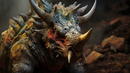 Fototapeta premium Concept art of an ancient reptile walking in the forest. Prehistoric Dinosaur with horns and scales walking through the fauna. Sauropelta feeding in the woods. 3D render of an angry euoplocephalus.