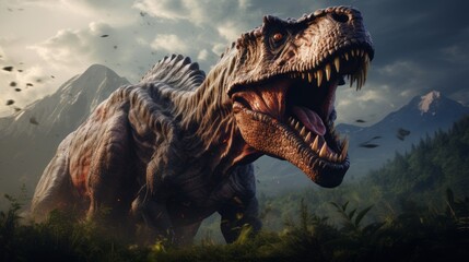 Tyrannosaurus rex roaring in the woods. Hunting angry T-Rex with a growl. Concept art of a mad ancient scary reptile in the forest. T-Rex causes chaos in the woods. 3D render of an angry dinosaur. - obrazy, fototapety, plakaty