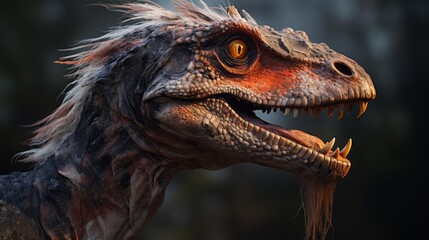 Velociraptor portrait closeup. Hunting angry dinosaur with a growl and sharp teeth. Concept of a mad ancient scary reptile. furious dinosaur. Ai generated.