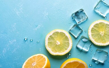 juicy fresh yellow lemon slices and ice cubes on a blue background.