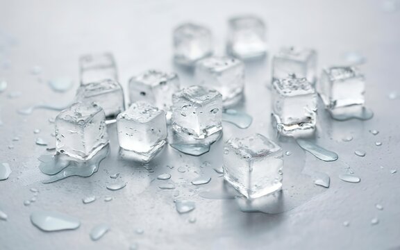 Ice cubes with water drops scattered under natural light on a white background