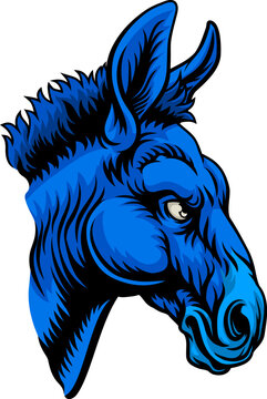 A tough looking donkey. Could be the symbol for the American democrat political party in election politics or a sports mascot.