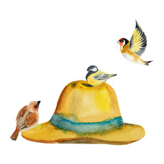 Hand drawn watercolor illustration spring gardening, straw sun hat with small birds, sparrow tit flying finch. Composition isolated on white background. Design print, shop, scrapbooking, packaging