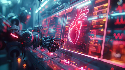 A robotic arm in a futuristic lab analyzing detailed data of a human heart on a holographic display.
