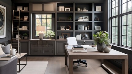 A transitional-style home office with a desk that conceals a printer and supplies - obrazy, fototapety, plakaty