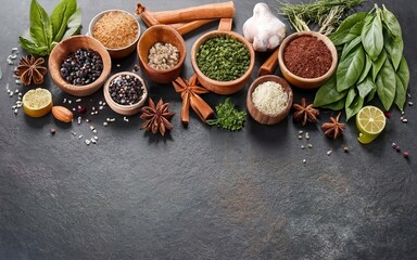 Fototapeta na wymiar Spices, herbs and various other culinary ingredients background