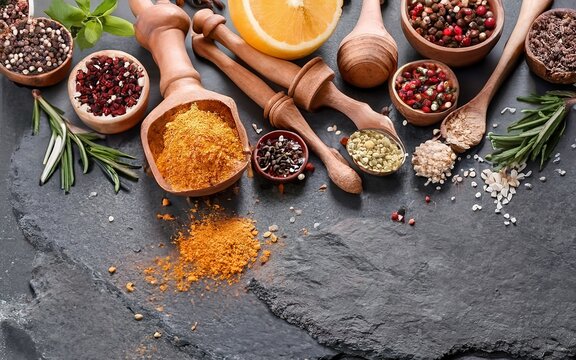 Spices, herbs and various other culinary ingredients background