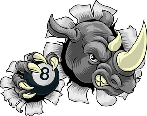 A rhino or rhinoceros cartoon sports mascot holding a black eight pool ball © Christos Georghiou