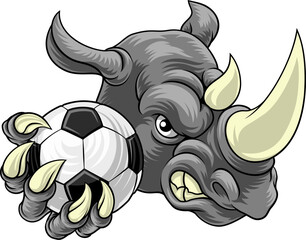 A rhino or rhinoceros cartoon sports mascot holding a soccer football ball © Christos Georghiou