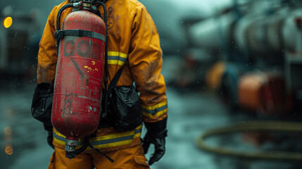 Obraz premium Rear View of a Firefighter Overlooking a Fire Scene with Fire Truck in Background